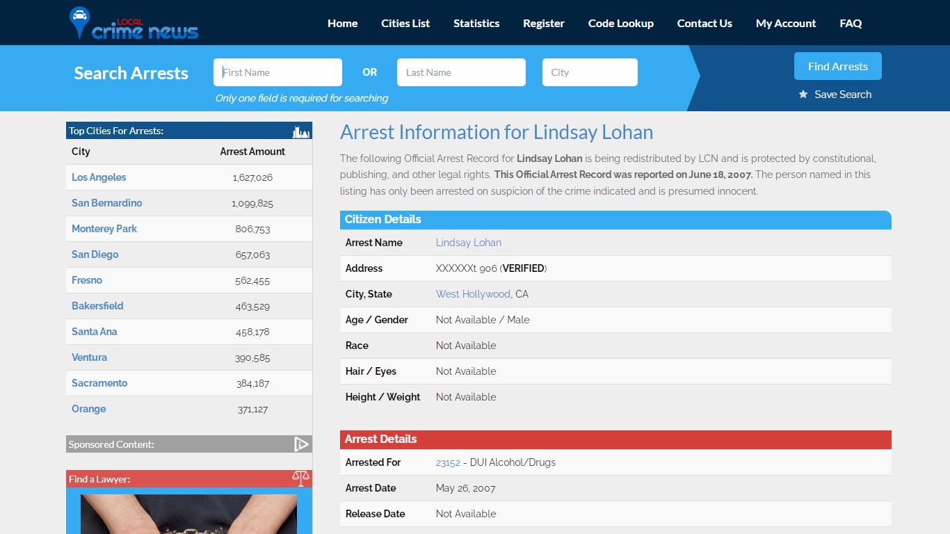 Lindsay Lohan Arrest Record Details | Local Crime News in Los Angeles ...